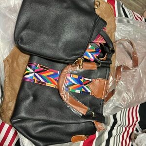 Black and Brown Women's Bag Set with Colorful Pattern